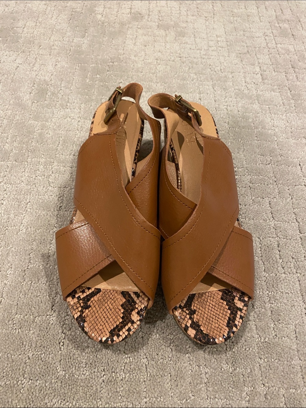 Women’s Brown Leather Cross-Strap Sandals with Snake-Print Insole